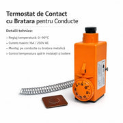 Termostat de contact cu bratara pentru conducte, reglaj 20-90°C, 16A 250V AC, montaj pe teava