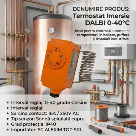 Termostat imersie 0-40°C cu sonda spiralata cupru, sarcina 16A/250V AC, protectie IP40, pentru boilere si cazane