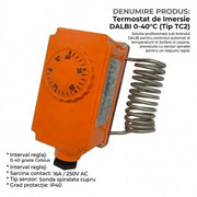 Termostat de imersie reglabil 0-90°C, sarcina 16A 250V AC, sonda spiralata cupru, grad protectie IP40