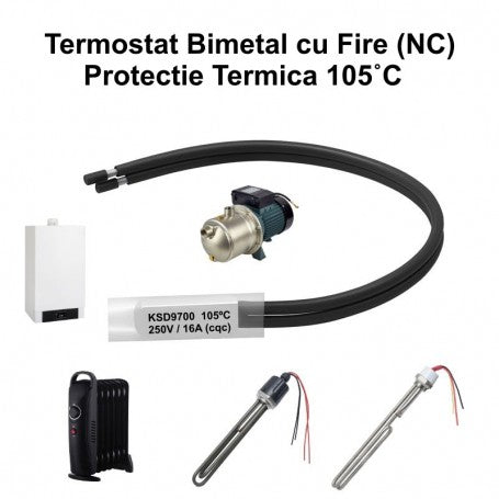 Thermostat Temperature 105˚C with Wires, Bimetal KSD9700 NC, 250/16A - DALBI
