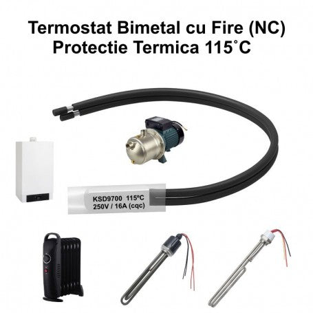Thermostat Temperature 115˚C with Wires, Bimetal KSD9700 NC, 250/16A - DALBI