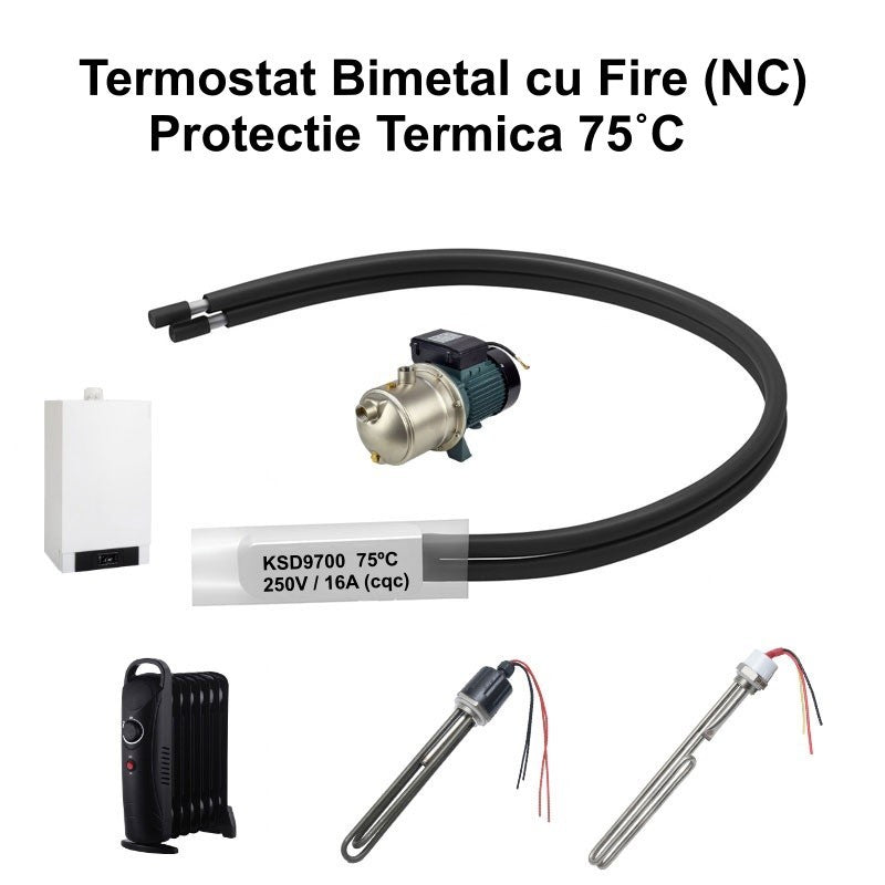 Thermostat Temperature 75˚C with Wires, Bimetal KSD9700 NC, 250/16A - DALBI