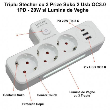 Triple Multifunctional Plug with 2 x USB QC3.0 - 1PD 20W and Night Light
