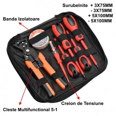 Trusa electrician 7 piese cu cleste multifunctional 5-1, 4 surubelnite, creion tensiune si banda izolatoare, in geanta cu fermoar