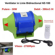 Bidirectional Booster Fan 4'' (100mm), 30W, 390m3/h, Remote Control - Duct Mounted HZ-100H