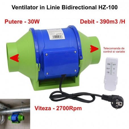 Bidirectional Booster Fan 4'' (100mm), 30W, 390m3/h, Remote Control - Duct Mounted HZ-100H
