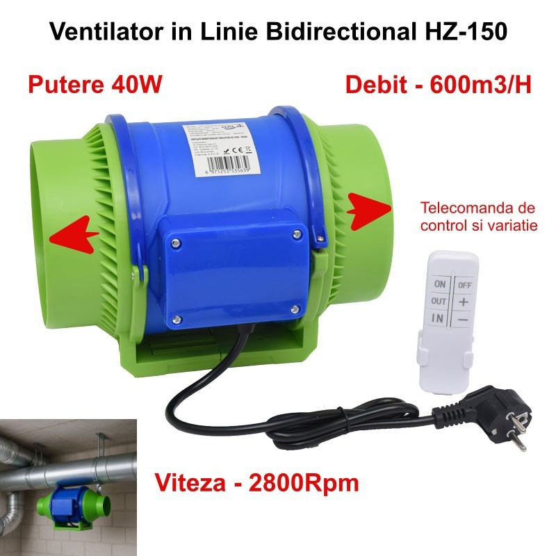 Bidirectional Booster Fan 6'' (150mm), 40W, 600m3/h, Remote Control - Duct Mounted HZ-150H