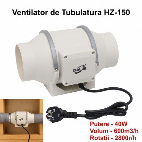 Ventilator inline pentru tubulatura 150mm, 40W, debit 600m3/h, 2800 rot/min, cu cablu alimentare 220V