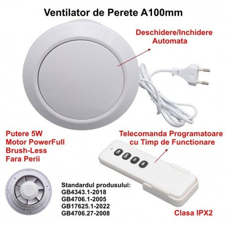 Ventilator rotund de baie 5W, IPX2, cu clapeta automata si telecomanda programatoare, diametru 100mm